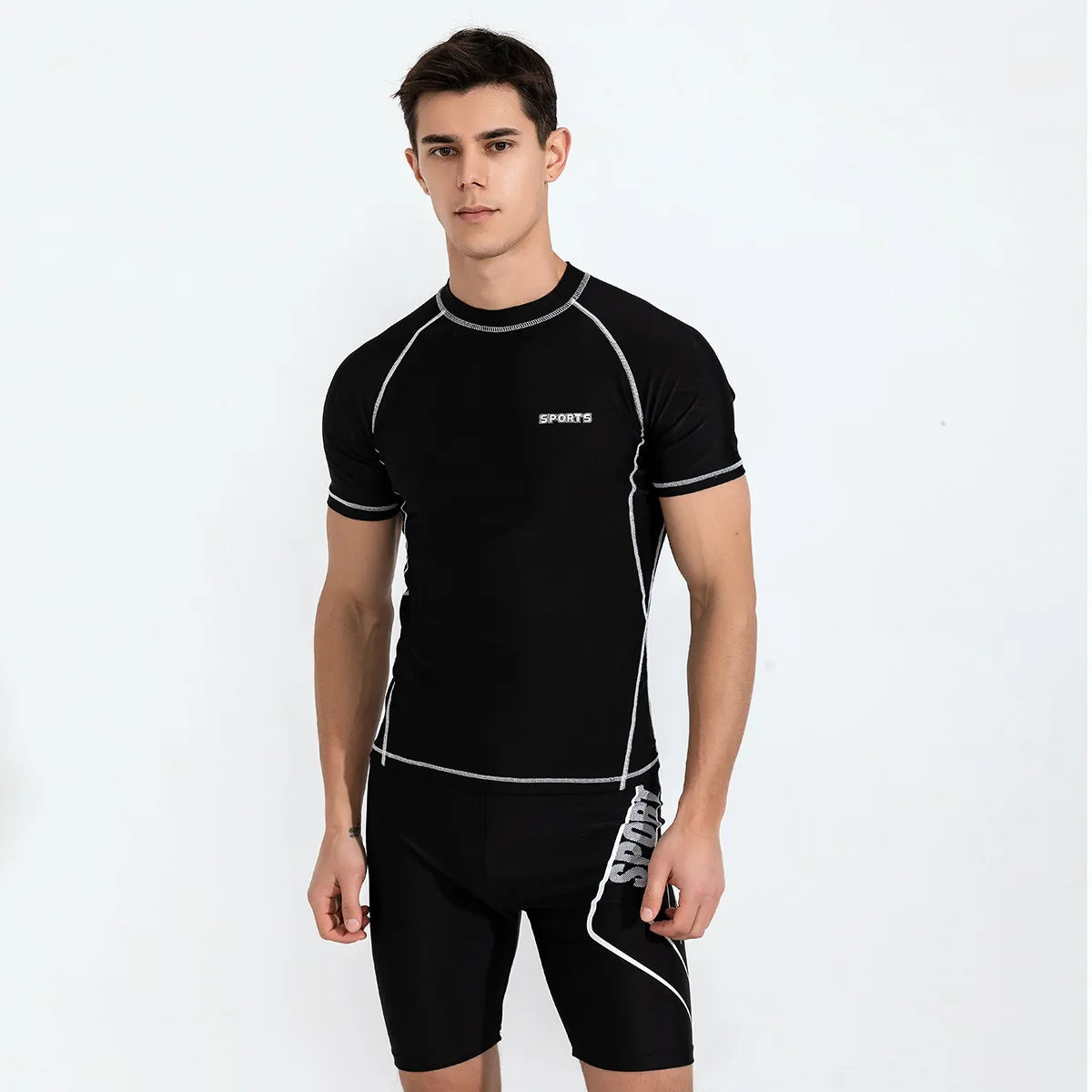 Swimwear Men 2 Piece Sets Tight Elastic Shorts Shirts Swimsuit Surf Board Bathing Suit Rash Guards Wetsuits Sports Beachwear New
