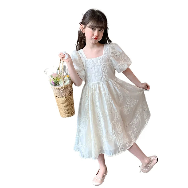 Kids Dresses Teenage White Wedding Party Lace Girl Dress Puff Sleeve Children Carnival Spring Autumn 4 6 7 9 10 12 Years Clothes