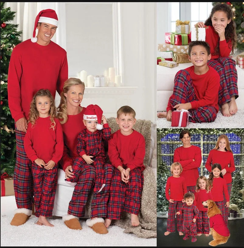 Matching Family Christmas Pajamas Set with Festive Letter Print Tops and Plaid Pants - Holiday Sleepwear for Adults and children
