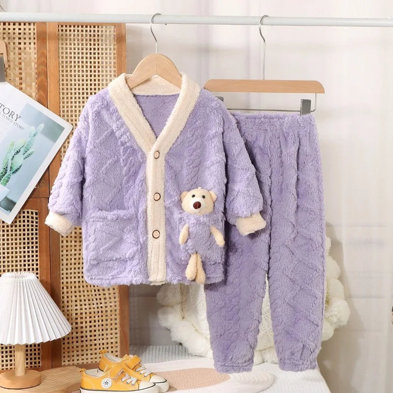 Boys and Girls Pajamas Pajamas Children's Fleece Thickened Coral Thermal Medium and Older Children's Loungewear Pajama Set