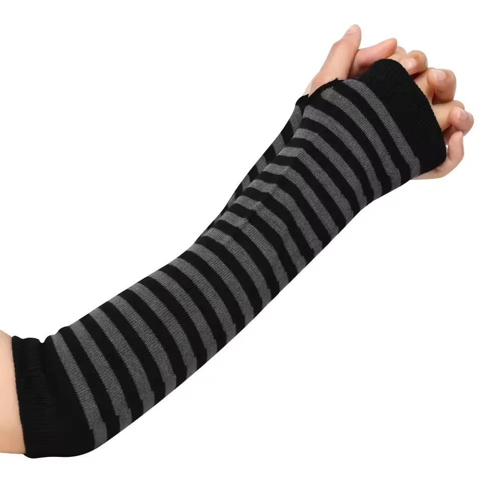 Women's Winter Knitted Gloves Girls' Cotton Fingerless Long Bracelet Arm Warmth Long Sleeve Striped Elbow Protection