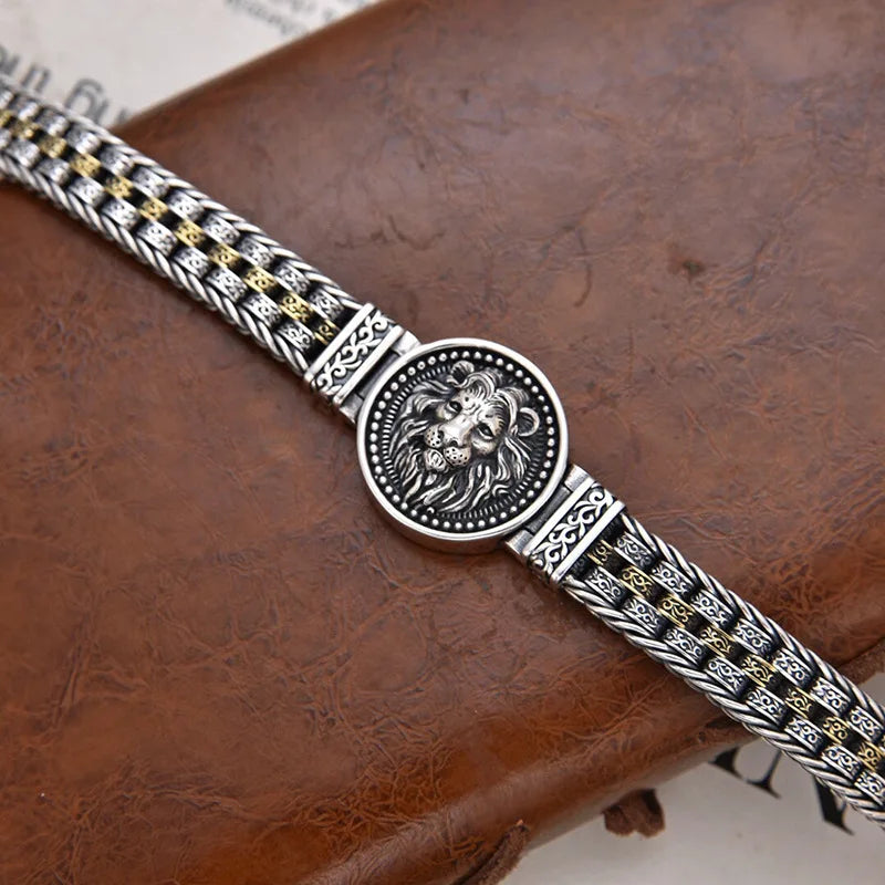 Men Vintage Two‑Tone Lion Head Bracelet Retro Embossed Medallion Braided Chain Punk Ethnic Statement Wrist Jewelry Gift