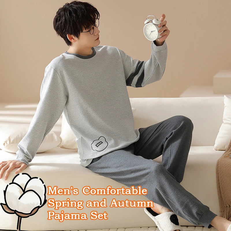 Spring Autumn Mens 100% Cotton Pajamas Set Summer Sleepwear Japanese Winter Gray Long Sleeve Homewear for Men Lounge Sets Pajama