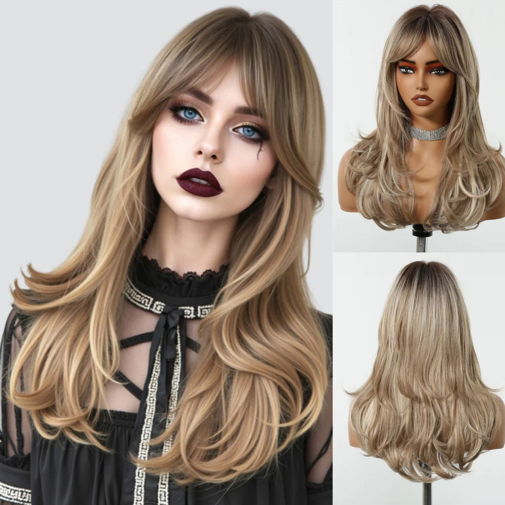 Long Curly Wavy Brown Wigs Highlights Brown Hair Synthetic Wigs For Women Daily Middle Part Natural Looking Wig High Temperature