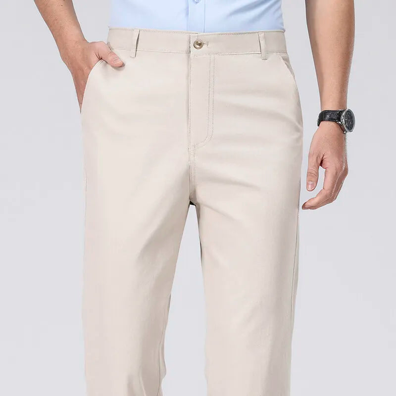Spring Summer Cotton Suit Pants Men Solid Color Smart Casual Dress Trousers Man Lightweight Zipper Fly Straight Breathable Pants