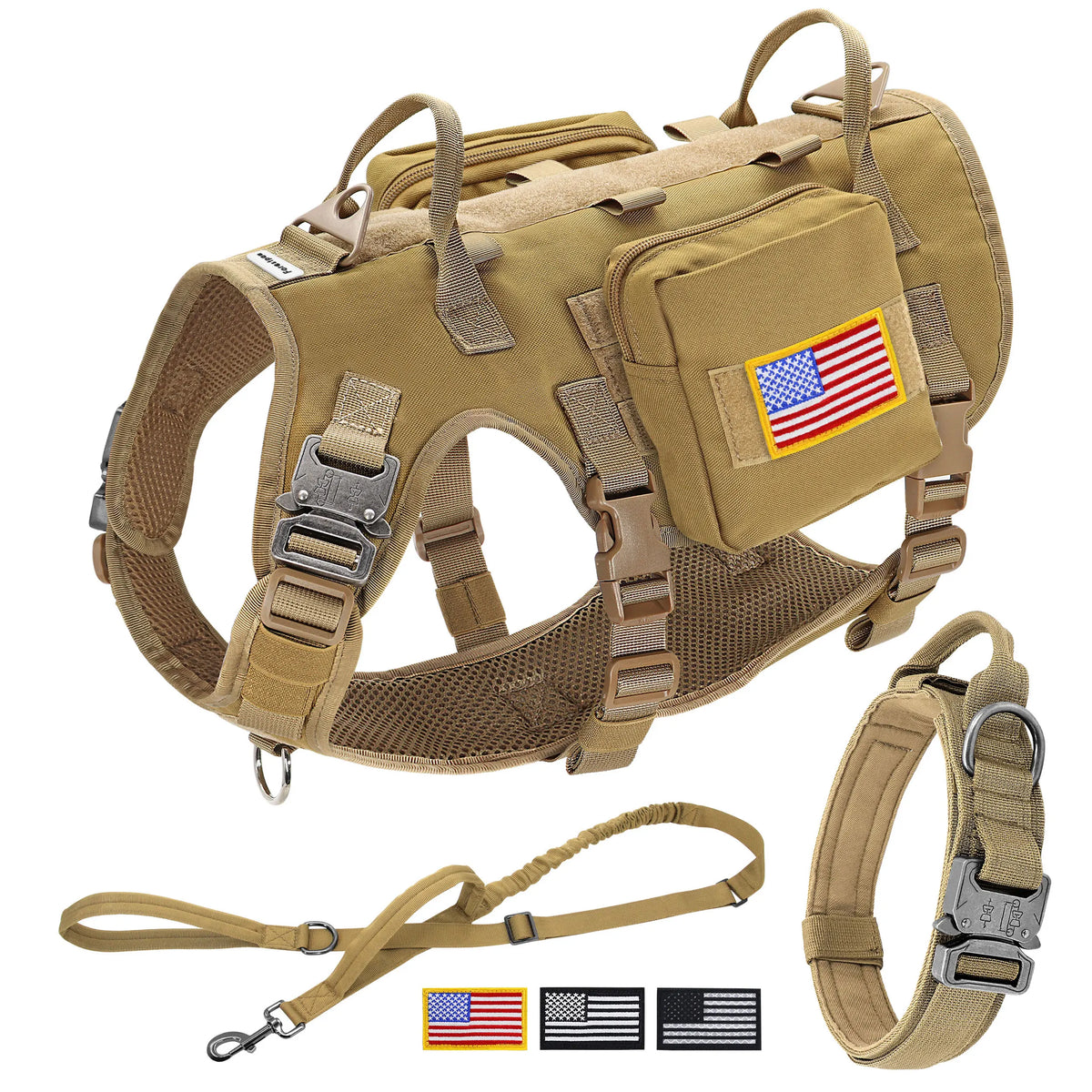 Military Tactical Dog Harness Collar Leash Set with Pouches Flags Durable Pet Harnesses Vest Collars Leashes for Dogs Training