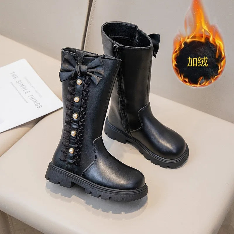 Autumn Winter Girls Boots Bow Lace Princess Shoes Outdoor Non-slip Child High Top Boots Windproof Waterproof Kids Casual Shoes