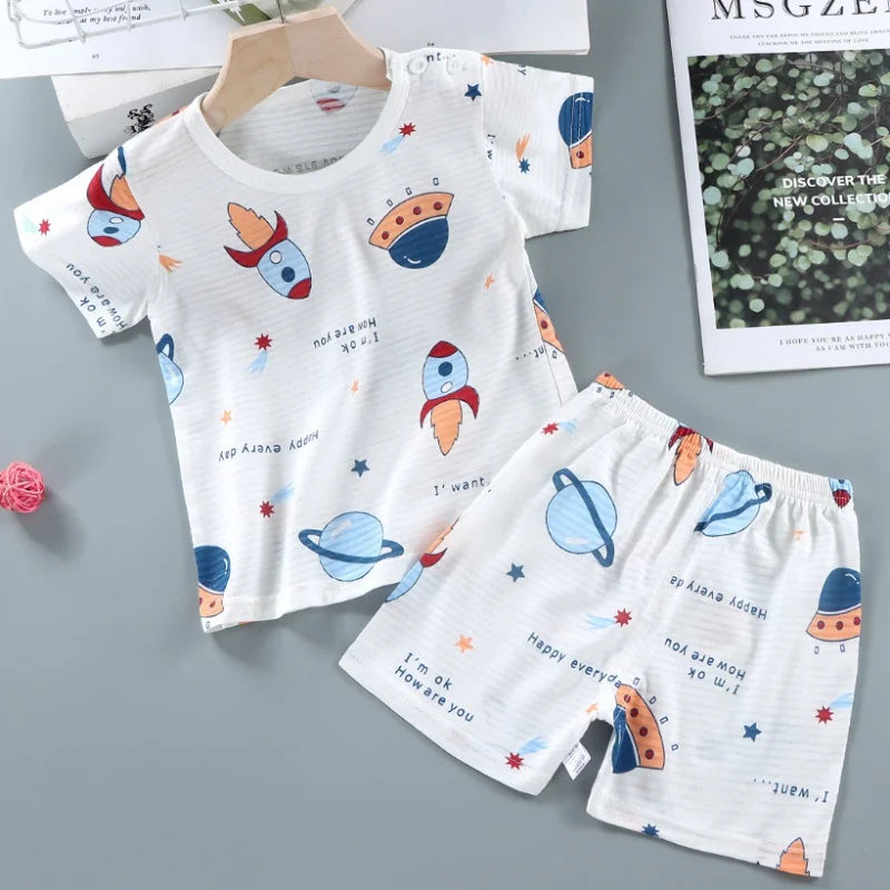 Pajama Cartoon T-Shirt+Shorts 2-Piece Clothing Set Kids Summer Baby Boys Girls Casual Tracksuit Clothes Suit 0-6 Years