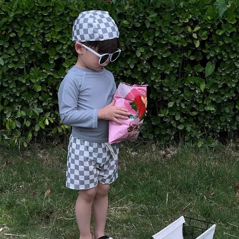 1-7Y New Children's Swimwear for Boys Children's Checkered Split Sun Protection Long Sleeve swimsuit  for Baby Swimwear  유아 수영복