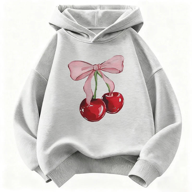 Kids Y2K Cherry Bow Hoodie Cute Print Sweatshirt Boys Girls Spring Autumn Casual Loose Tops