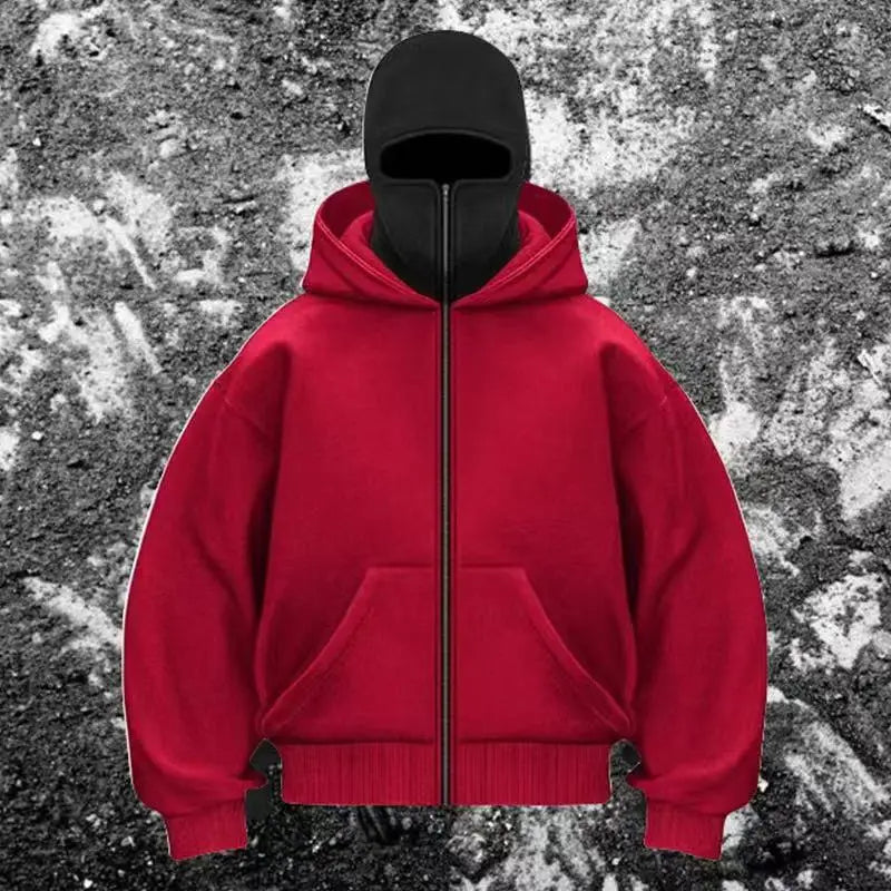 Balaclava Men Zip Hoodie Winter Warm Casual Sweatshirt Y2K with Hooded Face Mask Zipper Design Sports Jacket Outdoor Activities
