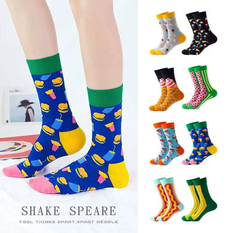 Funny Socks Men Women Casual Cartoon Beer Hamburger Egg Sausage Ice Cream Avocado Heart Sokken Unisex Novelty Skateboard Meias