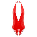 Womens Wet Look Patent Leather Crotchless Bodysuit Halter Deep V Backless Leotard Nightclub Pole Dancing Clubwear Nightwear
