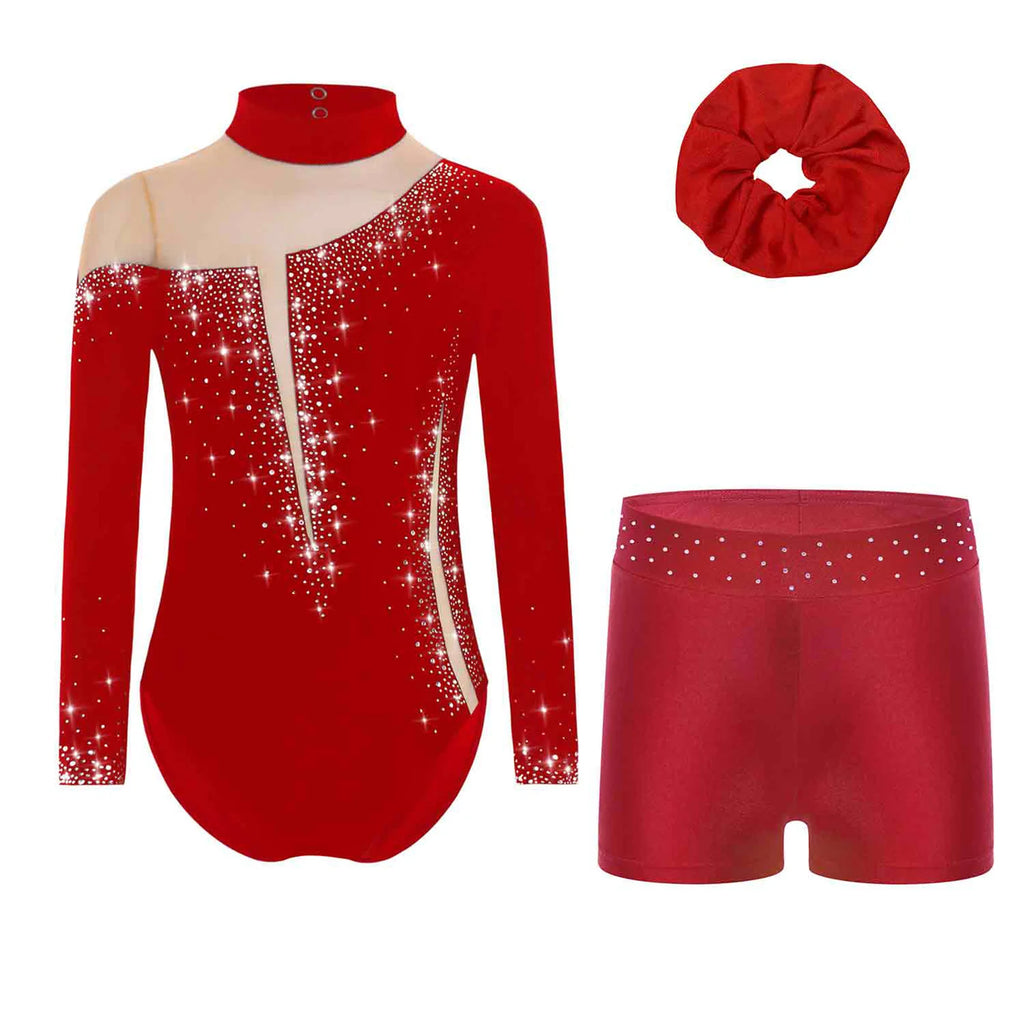 Kids Girls Ballet Dance Leotard With Body Shorts Hair Band Long Sleeve Workout Outfits Gymnastics Jersey Bodysuit Clothes