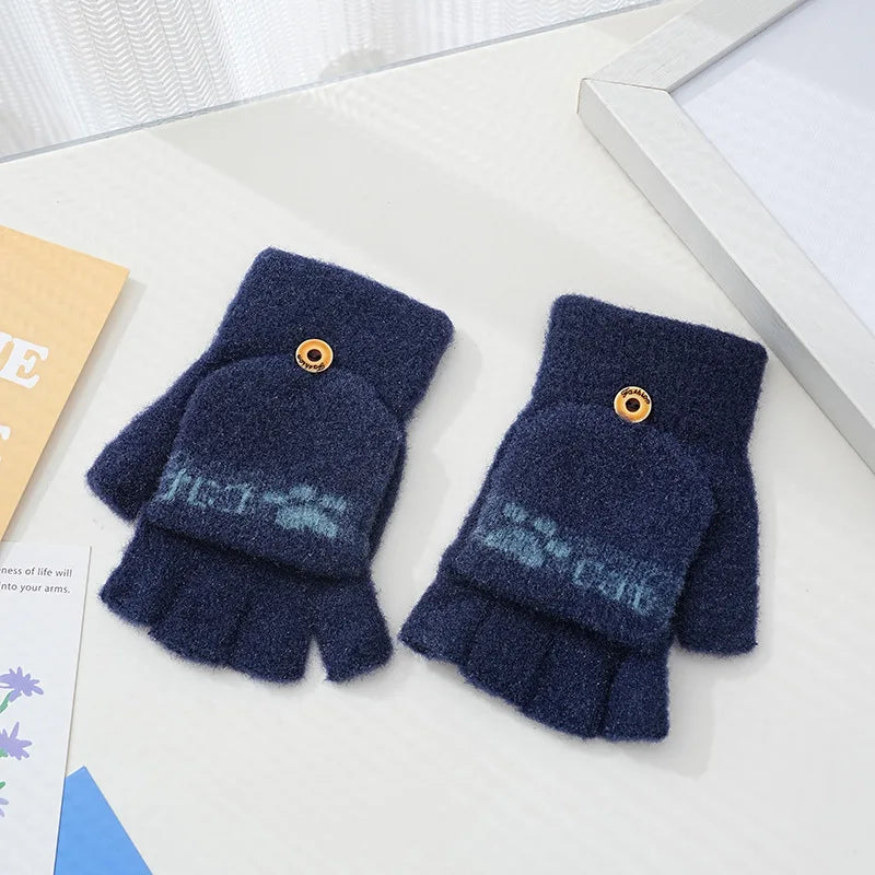 Children's Warm Gloves for Boys and Girls Cartoon Cute Half Finger Knitted Winter Flip Cover Baby Thick Cold Proof Five Fingers