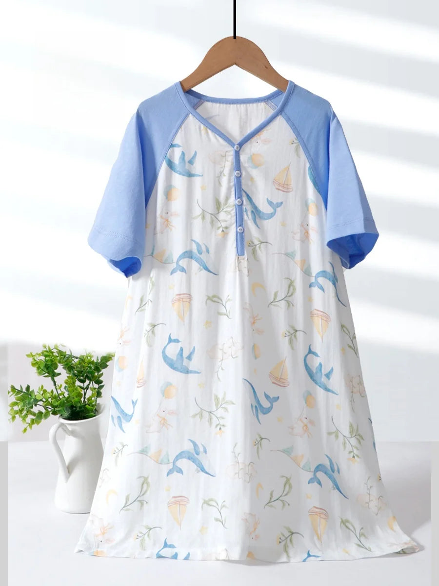 Lightweight Gauze Children's Summer Pajamas Breathable Cartoon Printed Girls' Nightgown Cute One-Piece Pajamas