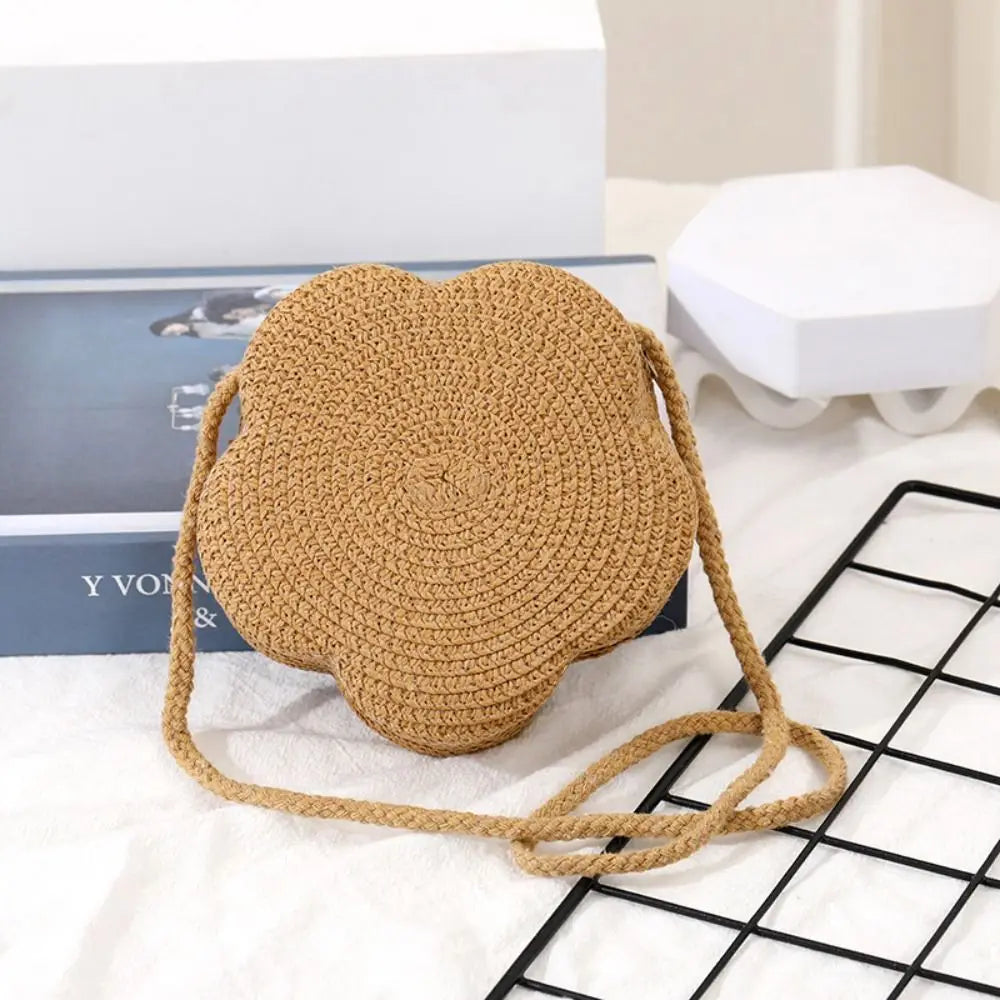 Cute Summer Children Girls Shoulder Bag Flower Bow Handmade Straw Baby Bags Messenger Bag Kids Keys Coin Purse Cute Mini Handbag