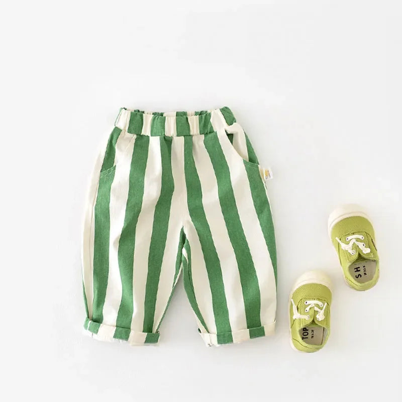 Autumn New Boy Girl Children Loose Striped Casual Pants Baby Pockets Fashion Pants Kid Outdoor Cotton Trousers Toddler Costume