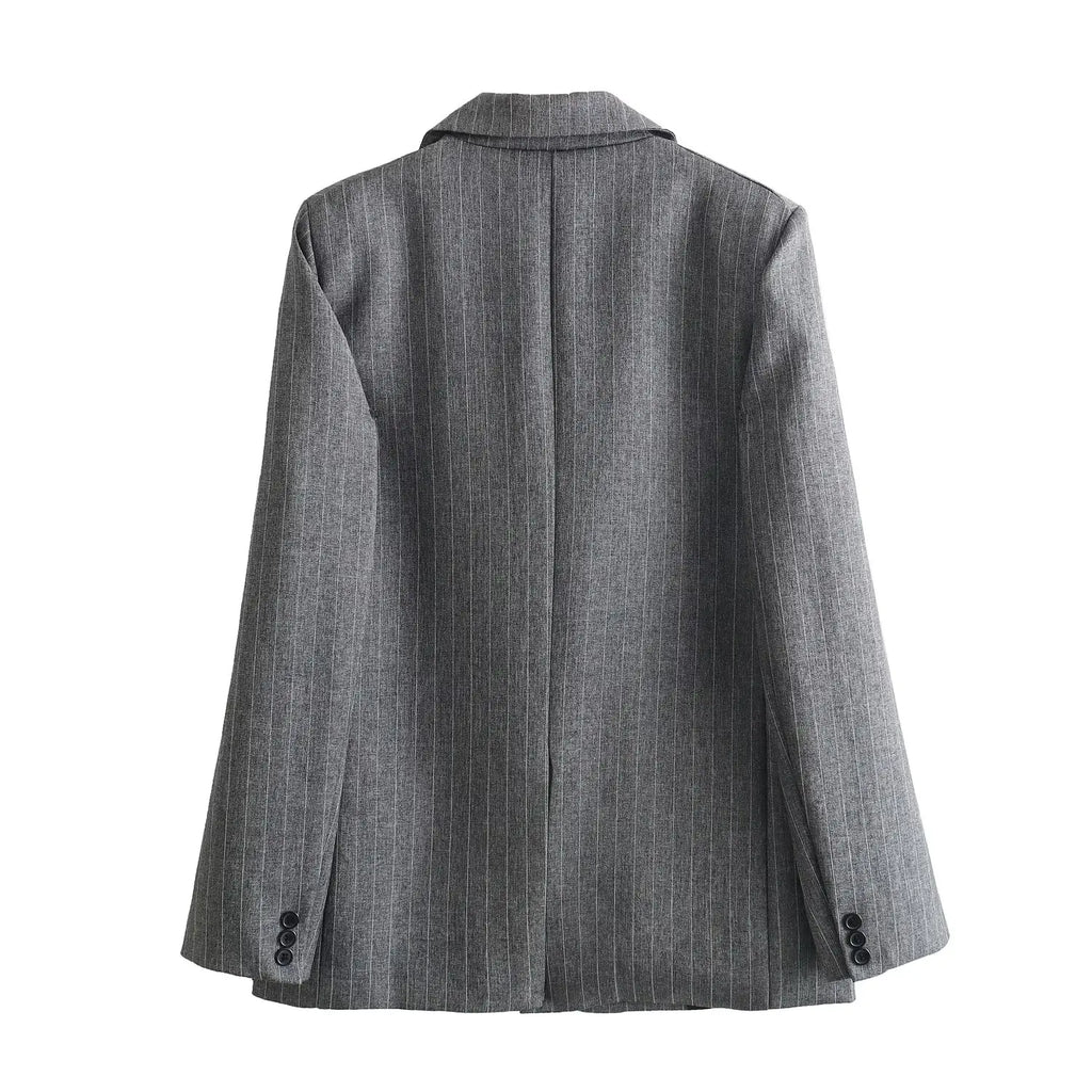 DUOPERI Women Fashion With Pockets Striped Single Breasted Blazer Notched Neck Long Sleeves Female Chic Lady Outfits