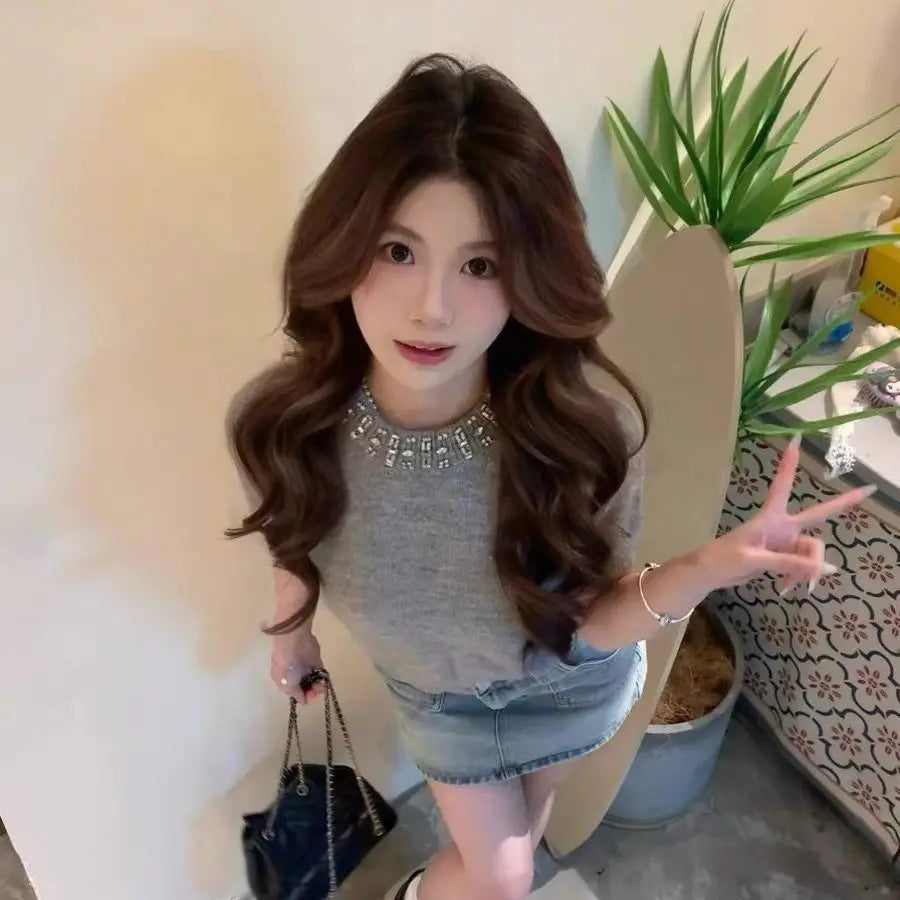 Spring Gray Round Neck Short sleeved T-shirt Women Tops Sweater Summer New Fashion Mohair Knit Pullover Versatile Slim Short Top