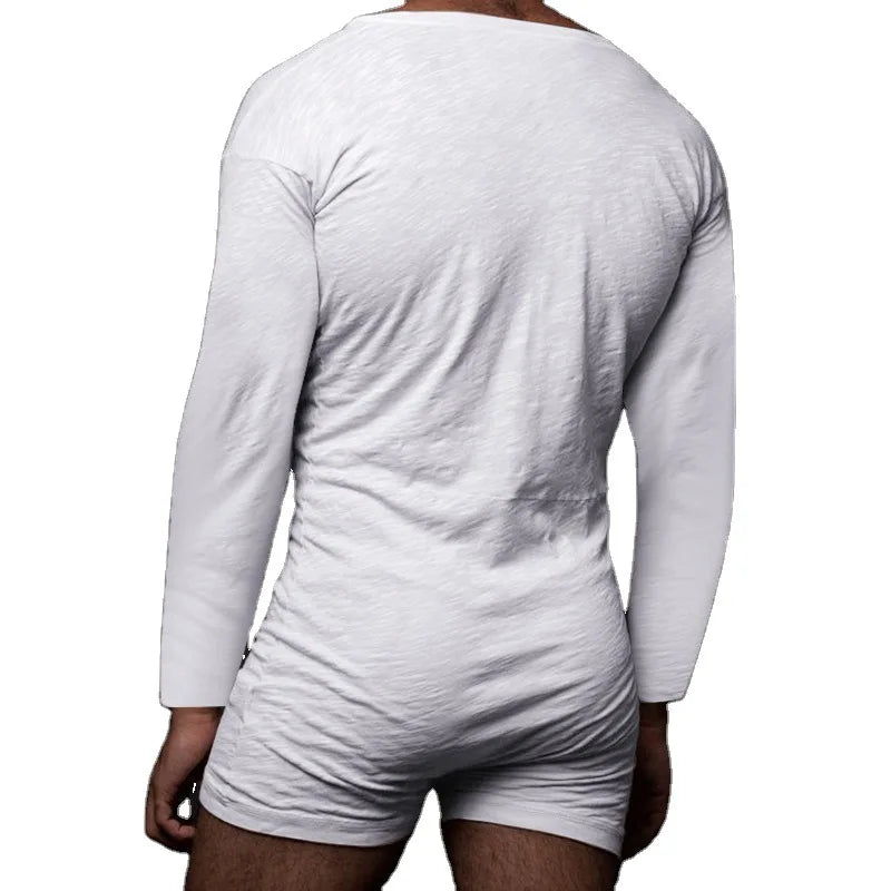 Men Pajamas Rompers Solid Color O Neck Long Sleeve Button Jumpsuits Homewear 2025 Breathable Men Thin