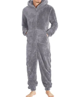 Winter Warm Men Plush Pajamas Big Size Coral Fleece Jumpsuit Hoodies Bodysuit Fleece Pajamas Daily Hooded Flannel Homewear