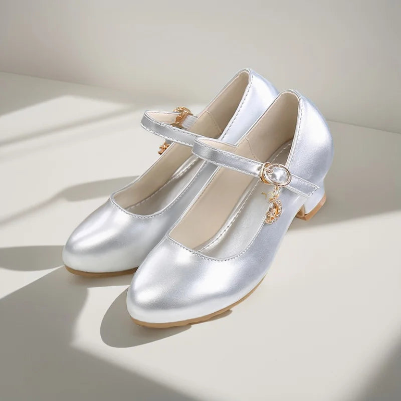 Children Girls Leather Shoes White Princess High Heel Shoes For Kids Girls Performance Dress Student Show Dance Sandals 28-41