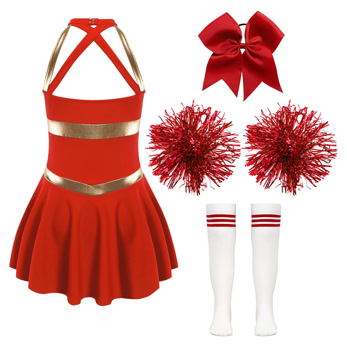 Kids Girls Cheerleading Costumes Childs Sleeveless Dress Hand Flowers Striped Socks Dancewear Sets Schoolgirl Cheer Dance Suits