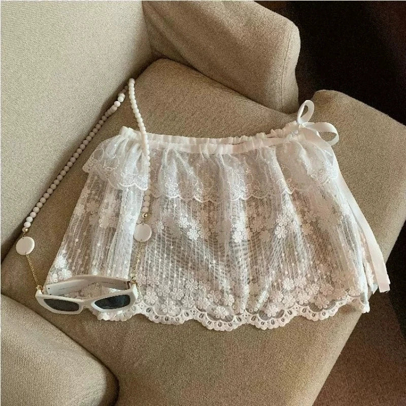 Spring Summer Lace-up Lace Side Half-body Skirt Short Fart Curtain Apron Girls Sweet Jeans Casual Pants Accessories Skirt