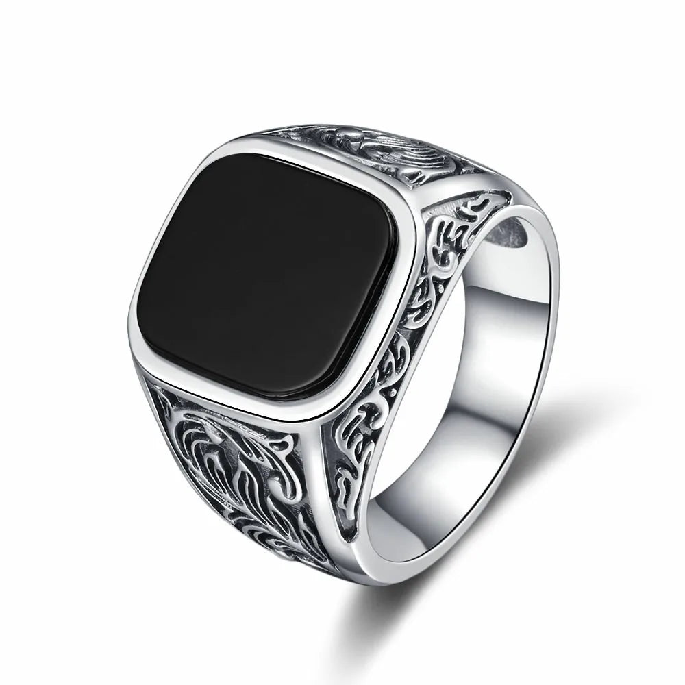 Men‘s Black Onyx Ring, 12x14mm Square Gem Carved Vintage Sterling Silver Band, Bold Gothic Statement Jewelry Gift for Him