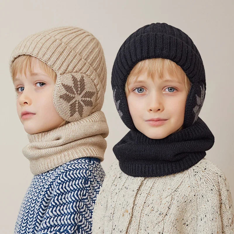 Kids Winter Knitted Hat Scarf Set for Boys Girls 2Pcs Fleece Lined Warm Earflaps Children Beanie Cap Neck Warmer for 4-10Y