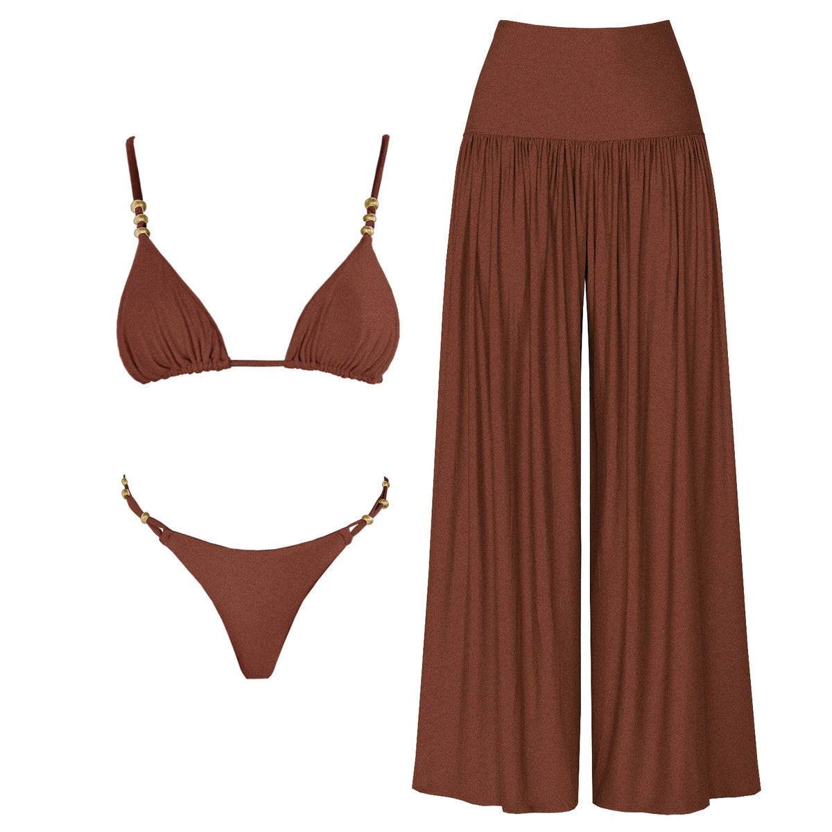 New Solid 3 Pieces Bikinis Sets With Mesh Pants Push Up Beachwear Sexy Women's Swimsuit Cover-ups Strappy Beach Wear