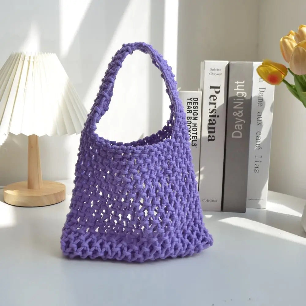 Personality Handmade Knitted Handbag Cotton Rope Hollowout Woven One-shoulder Pouch Large Capacity Colorful Underarm Bag Work