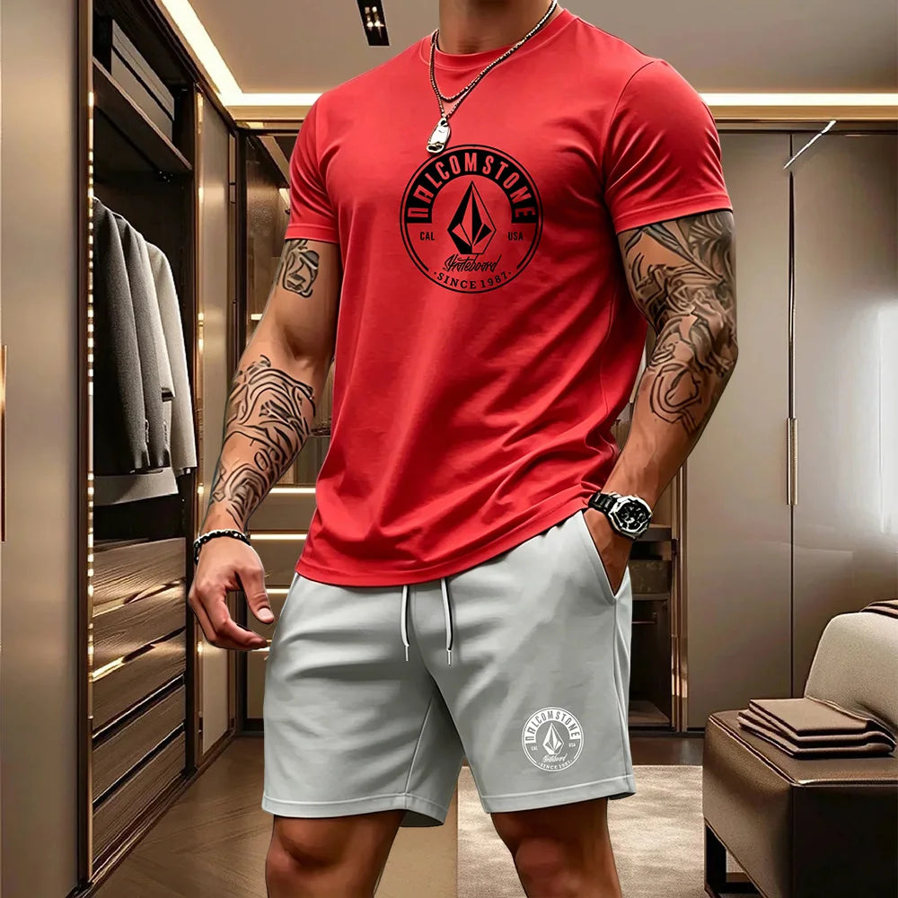 Men's Casual Sportswear 2-piece Set Classic Short Sleeved T-shirt+drawstring Pocket Shorts Street Skateboarding Outdoor Outfit
