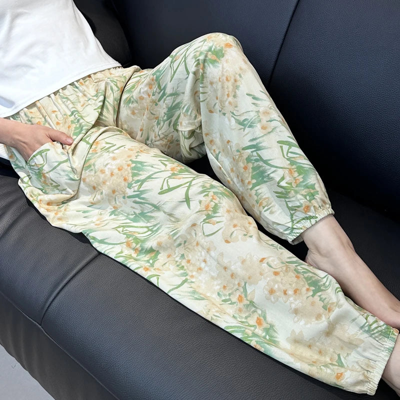 Cool Summer New Silk Cotton Spwear Loose Women's Wide Leg Pants Home Wear Floral Print Heat Resistant Comfortable Casual T...