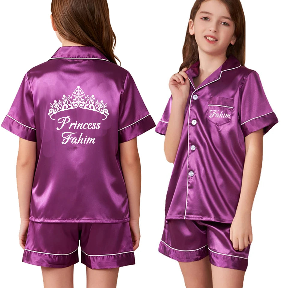 Custom Name and Date Children Pajama Silky Satin Pajamas Flower Girl Personalized Happy Birthday Pajamas Kids Princess Pajamas