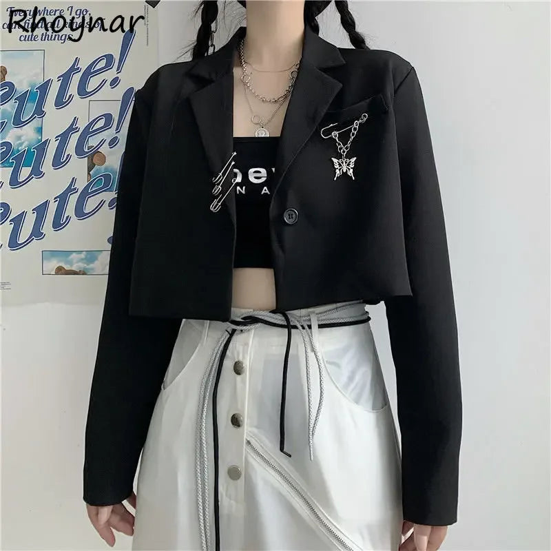 Cropped Blazers Women Designer Chain Notched Hipsters S-3XL Youth Autumn Ulzzang Streetwear Personality Teens Y2k New Overcoats