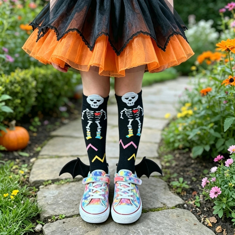Halloween Socks for Kids Skeleton Skull Print Knee High Socks Black Boys Girls Bones Spooky Gift Ideas Carnival Theme Party