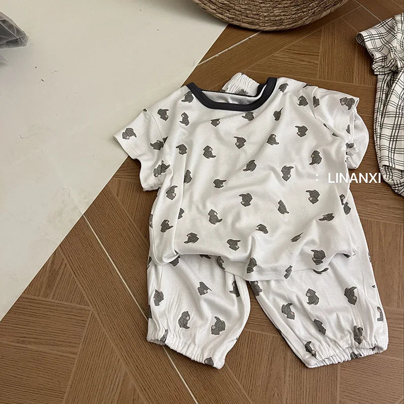 2025 Summer Kids Pajama Sets Home Wear Clothes Children's New Pajamas Knitted Set Cartoon Print Sleepwear Pajama Set
