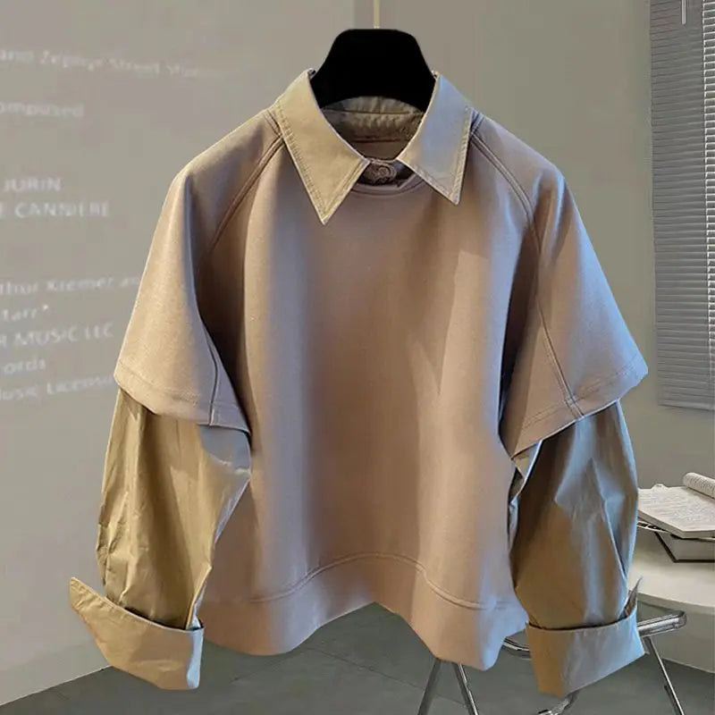 Fake Two Pieces Hoodie Women Clothing Preppy Style Long Sleeve Casual Loose Tops Vintage Fashion Y2k Sweatshirts 2026 Ropa Mujer