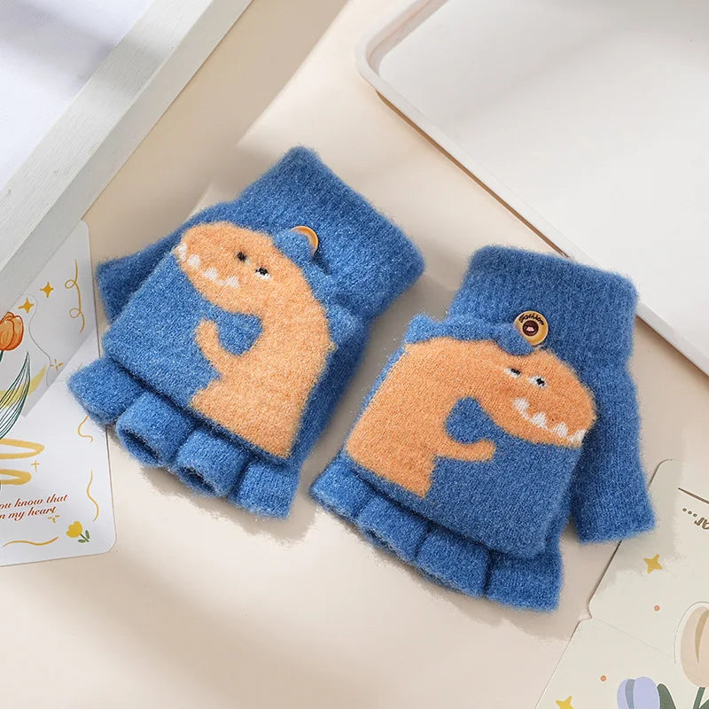 Children's Warm Gloves for Boys and Girls Cartoon Cute Half Finger Knitted Winter Flip Cover Baby Thick Cold Proof Five Fingers