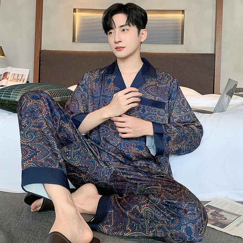 High Quality Men Pajamas Suit Spring Fall Ice Silk High-end Long-sleeved Sleepwear Set Female Ethnic Style Large Size Loungewear