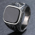 Men‘s Black Onyx Ring, 12x14mm Square Gem Carved Vintage Sterling Silver Band, Bold Gothic Statement Jewelry Gift for Him