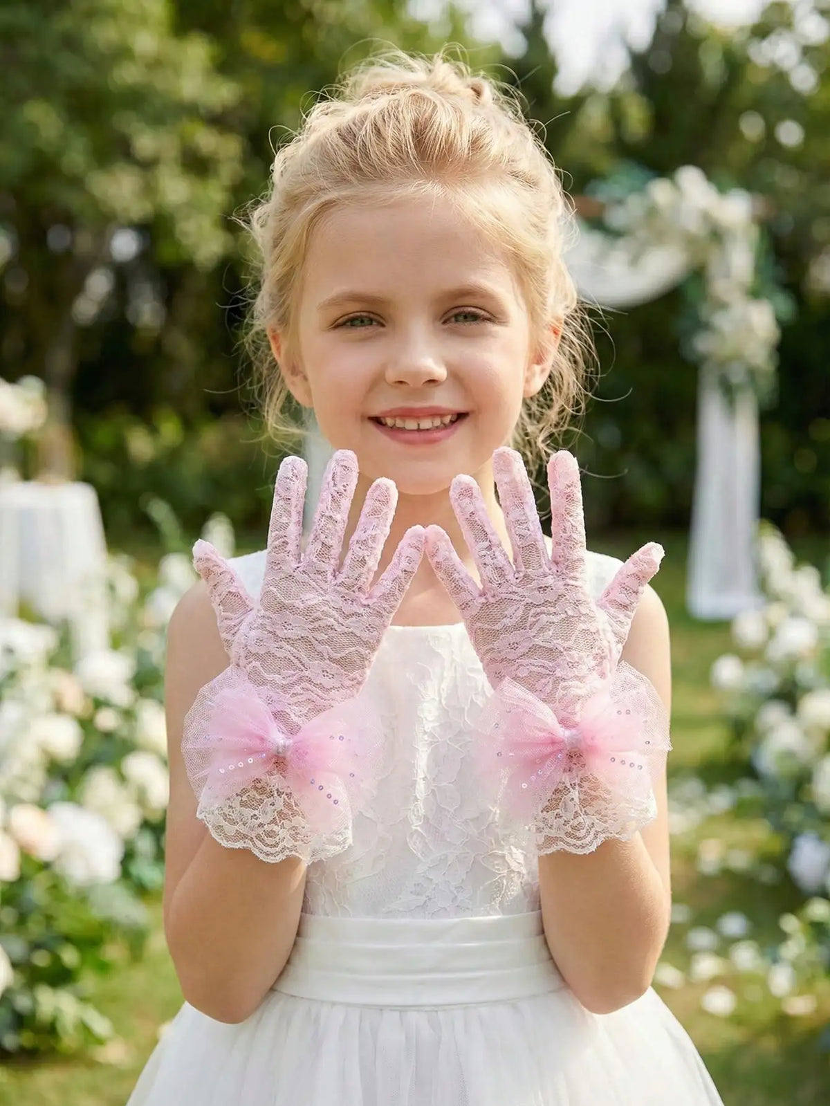 1Pair 4-10Y Girls  Decor Lace Gloves Soft Stretch Gloves Wedding Flower Girl Dance Birthday Photo Props