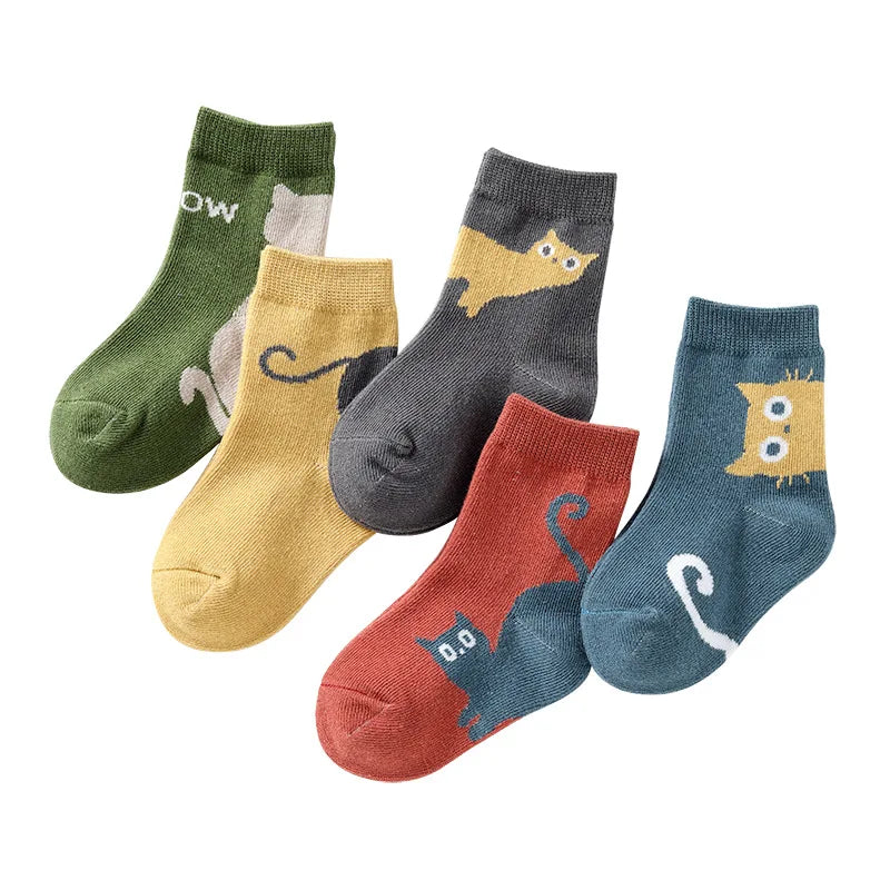 5/10 Pairs Kids Socks Autumn Winter Middle Tube Sock Cartoon Cat Pattern Comfortable Breathable Children Socks For Boys Girls
