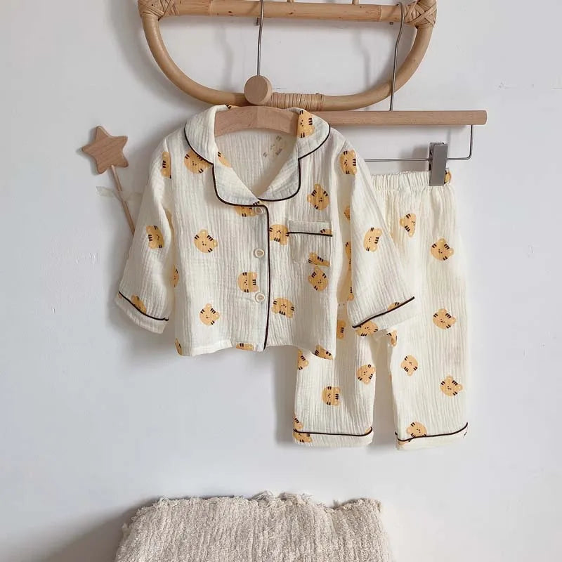 2Pcs Autumn New Kids Pajamas Korean Long Sleeve Print Bear Cardigan And Pants Cotton Musline Yarn Sleepwear