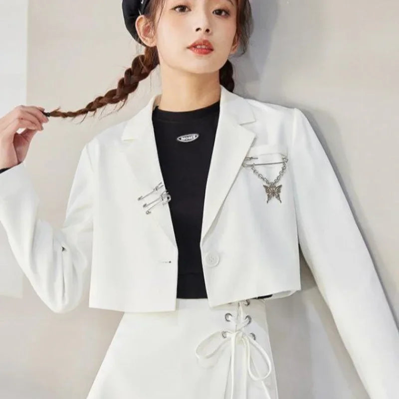 Cropped Blazers Women Designer Chain Notched Hipsters S-3XL Youth Autumn Ulzzang Streetwear Personality Teens Y2k New Overcoats