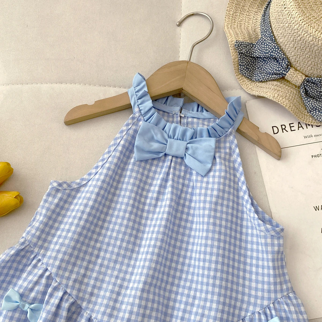 Kids Dresses for Girls Summer Casual Checkered Bow Halter Neck Dress Children's Clothes Girl Clothes