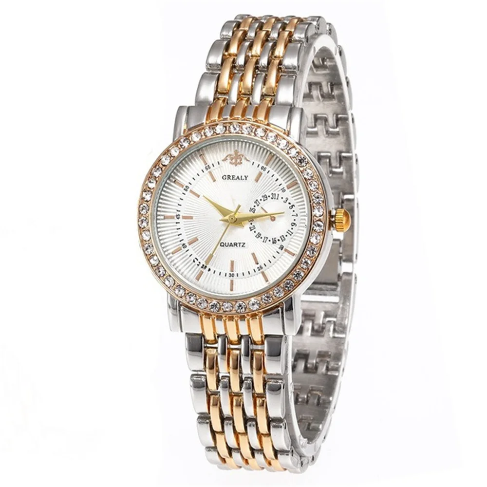 Elegant Women's Two Tone Crystal Watch Stainless Steel Band Quartz Wristwatch Ladies Dress Watches