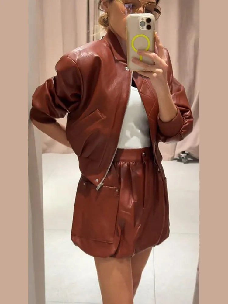 2026 Autumn Winter Street Pu Leather Coat Pants Suit Women Slim Full Sleeve Lapel Zipper Solid Coat High Waist Trouser Outwear